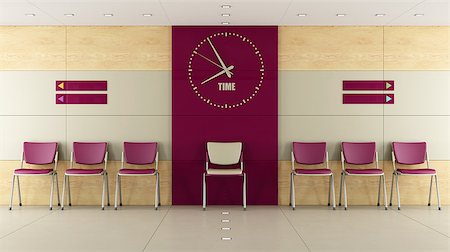 empty room illustration - Interior of a waiting room  with purple chair,wooden panels and big clock- rendering Stock Photo - Budget Royalty-Free & Subscription, Code: 400-07937712