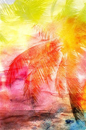 wonderful watercolor retro palm on the beach Stock Photo - Budget Royalty-Free & Subscription, Code: 400-07937938