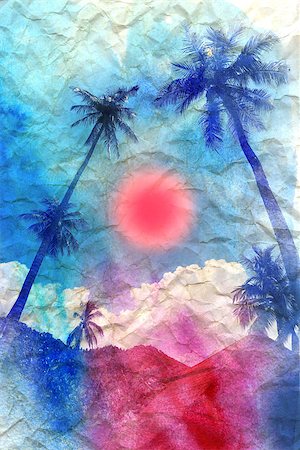 palm tree trunk - wonderful watercolor retro palms on the beach Stock Photo - Budget Royalty-Free & Subscription, Code: 400-07937933