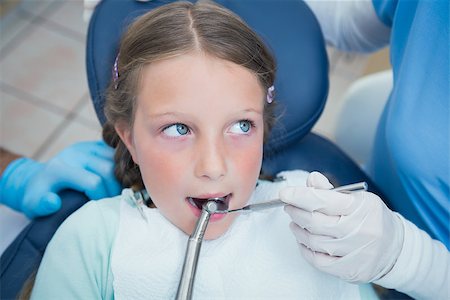 simsearch:6109-08389794,k - Dentist with assistant examining girls teeth in the dentists chair Stockbilder - Microstock & Abonnement, Bildnummer: 400-07938766