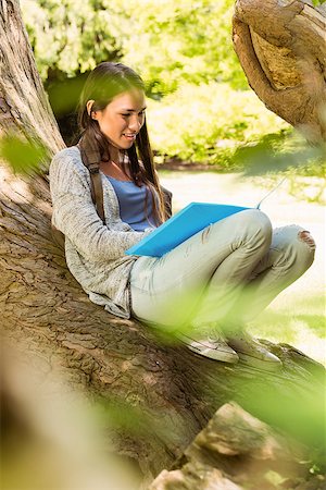 simsearch:400-07939821,k - Smiling student sitting on trunk and reading book in park at school Photographie de stock - Aubaine LD & Abonnement, Code: 400-07939653