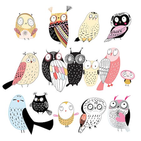 funny set of graphic owls on white background Stock Photo - Budget Royalty-Free & Subscription, Code: 400-07932598