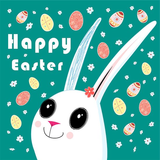 bright festive Easter card with bunny on a colored background with flowers Foto de stock - Sin royalties, Artista: tanor, Código de la imagen: 400-07932658