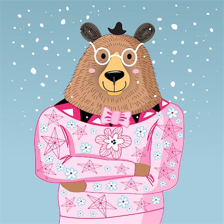 simsearch:400-06766392,k - bright funny hipster bear on a blue background with snow Stock Photo - Budget Royalty-Free & Subscription, Code: 400-07932680