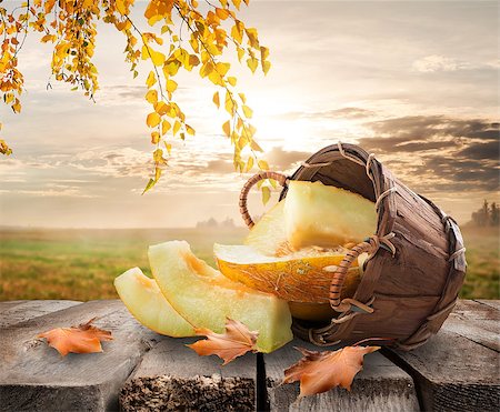 simsearch:400-07932348,k - Melon in a basket on table on a nature background Foto de stock - Super Valor sin royalties y Suscripción, Código: 400-07932716