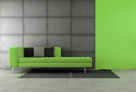 simsearch:400-06396170,k - Black and green living room with contemporary sofa - 3D Rendering Photographie de stock - Aubaine LD & Abonnement, Code: 400-07932875