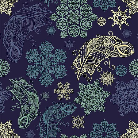 simsearch:400-05920158,k - Vector Seamless Pattern with white snowflakes and feathers, seamless pattern in swatch menu Stock Photo - Budget Royalty-Free & Subscription, Code: 400-07932893