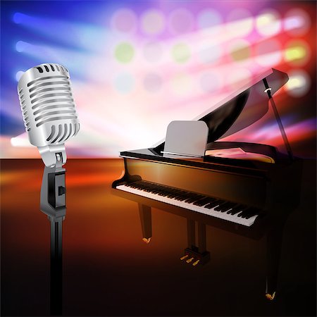 piano with microphone lights - abstract jazz background with piano and retro microphone on music stage Stock Photo - Budget Royalty-Free & Subscription, Code: 400-07933033