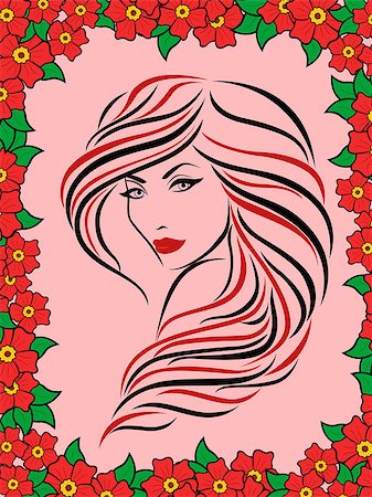 female hair style sketching - Beautiful stylish young woman into the floral frame with red flowers, vector illustration Stock Photo - Budget Royalty-Free & Subscription, Code: 400-07933208