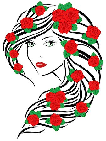 simsearch:400-04679404,k - Beautiful fashionable young women portrait with red roses on hair over white, sketching vector illustration Foto de stock - Royalty-Free Super Valor e Assinatura, Número: 400-07933221