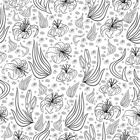simsearch:400-07558492,k - Illustration of seamless background from lilies and leaves in black and white colors isolated Stock Photo - Budget Royalty-Free & Subscription, Code: 400-07933407