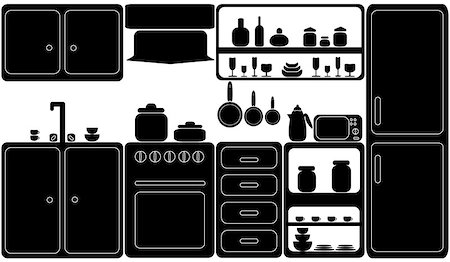 simsearch:400-06694997,k - KitcheBlack-and-white kitchen with home appliances and dishwaren in black-and-white Stock Photo - Budget Royalty-Free & Subscription, Code: 400-07954006