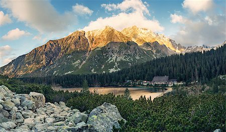 Panoramic view of Mountain lake in National Park High Tatras. Popradske lake (pleso), Slovakia, Eastern Europe Stock Photo - Budget Royalty-Free & Subscription, Code: 400-07954214