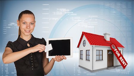 Beautiful businesswoman holding blank tablet PC and blank business card in front of PC screen. Beside is model house with tag for rent. Hi-tech graphs with various data as backdrop Stock Photo - Budget Royalty-Free & Subscription, Code: 400-07954529