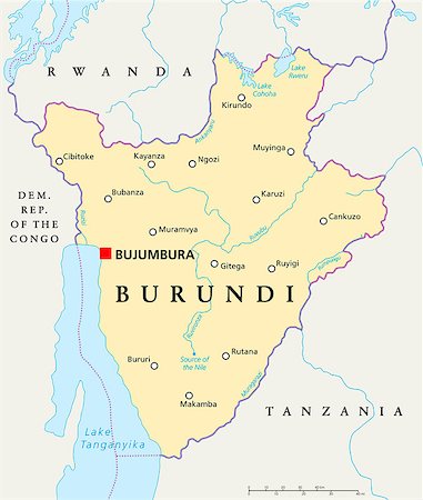 Burundi Political Map with capital Bujumbura, national borders, important cities, rivers and lakes. English labeling and scaling. Illustration. Foto de stock - Super Valor sin royalties y Suscripción, Código: 400-07954588