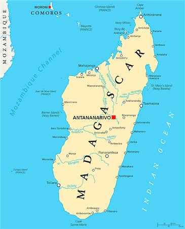 republic - Madagascar Political Map with capital Antananarivo, national borders, important cities, rivers and lakes. English labeling and scaling. Illustration. Stock Photo - Budget Royalty-Free & Subscription, Code: 400-07954595