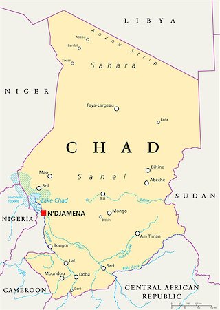 simsearch:400-07954595,k - Chad Political Map with capital N'Djamena, national borders, important cities, rivers and lakes. English labeling and scaling. Illustration. Photographie de stock - Aubaine LD & Abonnement, Code: 400-07954590