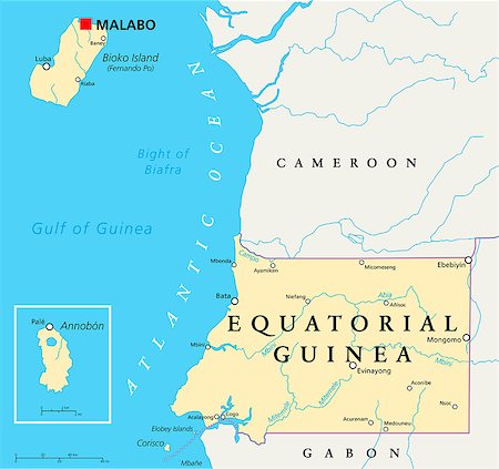 Equatorial Guinea Political Map with capital Malabo, national borders, important cities and rivers. English labeling and scaling. Illustration. Foto de stock - Super Valor sin royalties y Suscripción, Código: 400-07954592