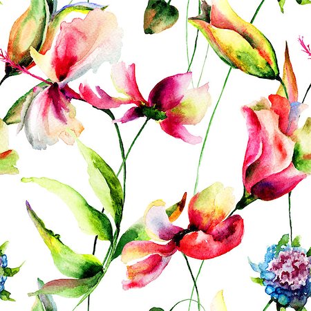 simsearch:400-04757393,k - Seamless pattern with Hibiscus and Cosmea flowers, watercolor illustration Foto de stock - Super Valor sin royalties y Suscripción, Código: 400-07954795