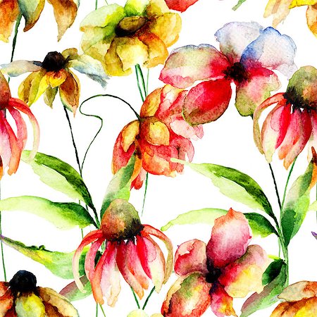 Seamless wallpaper with spring flowers, Watercolor painting Stock Photo - Budget Royalty-Free & Subscription, Code: 400-07954809