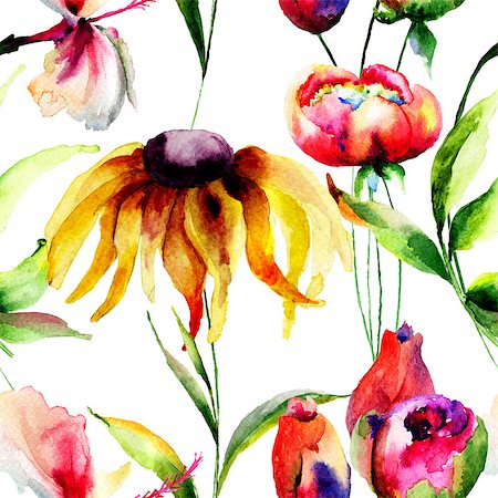 simsearch:400-08043408,k - Seamless wallpaper with spring flowers, Watercolor painting Stock Photo - Budget Royalty-Free & Subscription, Code: 400-07954818