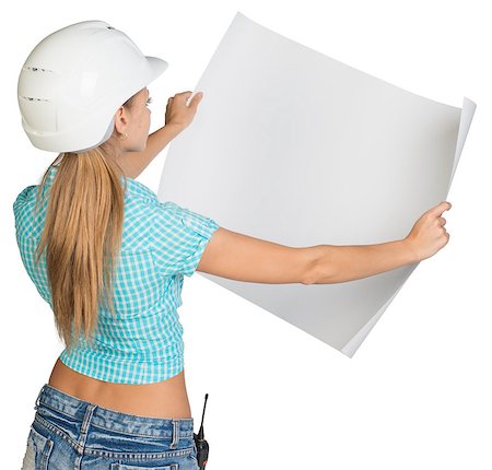 Beautiful woman builder in white helmet holding in front of him large sheet of paper. Rear view. Isolated over white background Stock Photo - Budget Royalty-Free & Subscription, Code: 400-07954845