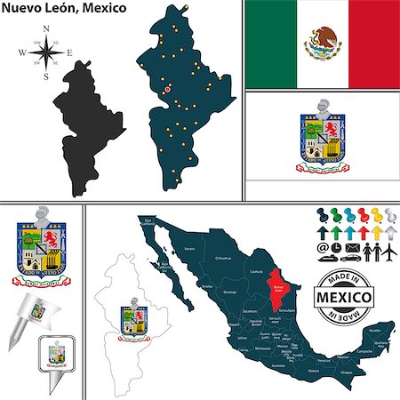 simsearch:400-07955308,k - Vector map of state Nuevo Leon with coat of arms and location on Mexico map Stock Photo - Budget Royalty-Free & Subscription, Code: 400-07955308