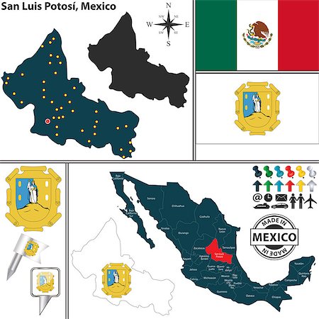 simsearch:400-07955308,k - Vector map of state San Luis Potosi with coat of arms and location on Mexico map Stock Photo - Budget Royalty-Free & Subscription, Code: 400-07955313