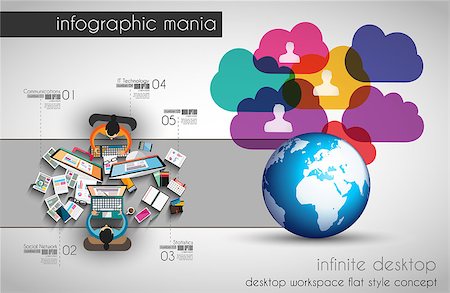 Infographic teamwork and brainstorming with Flat style. A lot of design elements are included: computers, mobile devices, desk supplies, pencil,coffee mug, sheeets,documents and so on Stock Photo - Budget Royalty-Free & Subscription, Code: 400-07955759