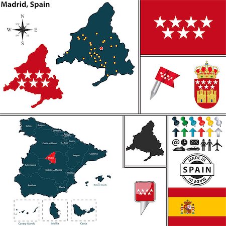 simsearch:400-07956269,k - Vector map of region of Madrid with coat of arms and location on Spanish map Foto de stock - Super Valor sin royalties y Suscripción, Código: 400-07956278