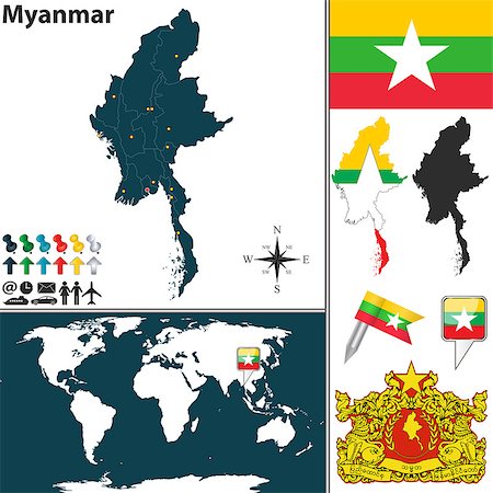 simsearch:400-06886992,k - Vector map of Myanmar with regions, coat of arms and location on world map Photographie de stock - Aubaine LD & Abonnement, Code: 400-07956286