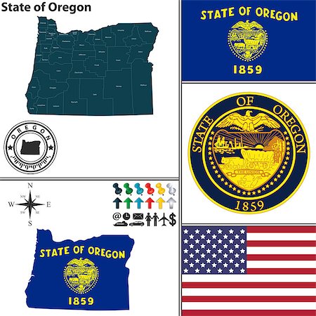 simsearch:400-07795478,k - Vector set of Oregon state with seal, flag and icons on white background Photographie de stock - Aubaine LD & Abonnement, Code: 400-07956281