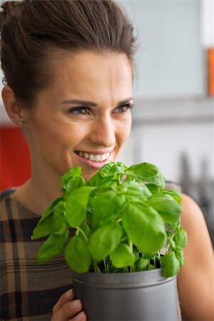 simsearch:400-07956886,k - Portrait of happy young housewife with fresh basil Photographie de stock - Aubaine LD & Abonnement, Code: 400-07956325