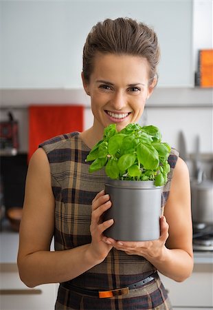 simsearch:400-07956886,k - Portrait of happy young housewife with fresh basil Photographie de stock - Aubaine LD & Abonnement, Code: 400-07956326