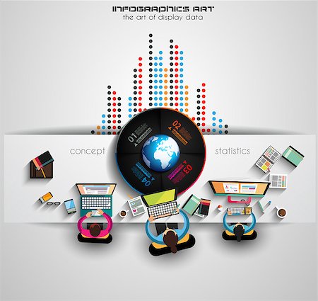 Infographic teamwork and brainstorming with Flat style. A lot of design elements are included: computers, mobile devices, desk supplies, pencil,coffee mug, sheets,documents and so on Stock Photo - Budget Royalty-Free & Subscription, Code: 400-07956728