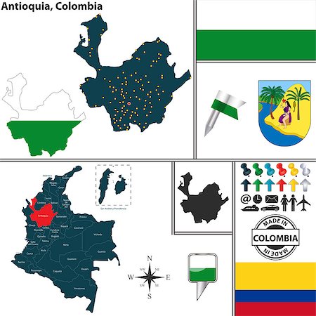 simsearch:400-07331046,k - Vector map of region of Antioquia with coat of arms and location on Colombian map Stock Photo - Budget Royalty-Free & Subscription, Code: 400-07958107