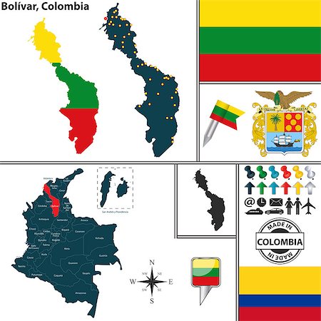 simsearch:400-09052173,k - Vector map of region of Bolivar with coat of arms and location on Colombian map Stock Photo - Budget Royalty-Free & Subscription, Code: 400-07958112