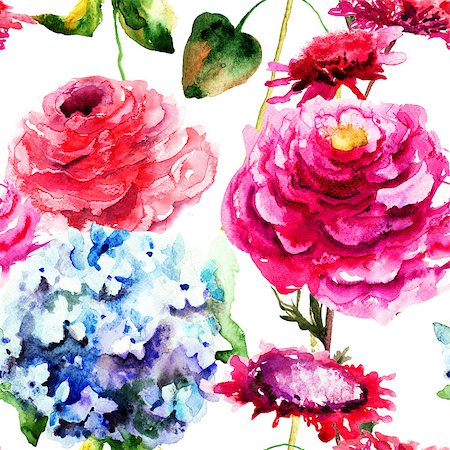 peony art - Seamless pattern with Hydrangea and Peony flowers, watercolor illustration Stock Photo - Budget Royalty-Free & Subscription, Code: 400-07951036