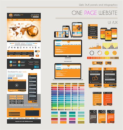 One page website flat UI UXdesign template. It include a lot of flat stlyle icons, forms, header, footeer, menu, banner and spaces for pictures and devices mockup. Stock Photo - Budget Royalty-Free & Subscription, Code: 400-07951154