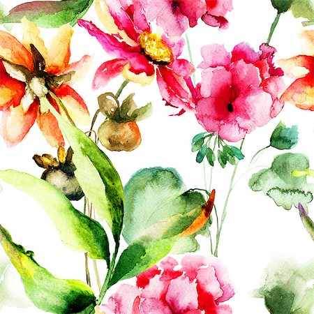 peony art - Seamless wallpaper with Geranium and Gerber flowers, watercolor illustration Stock Photo - Budget Royalty-Free & Subscription, Code: 400-07951644