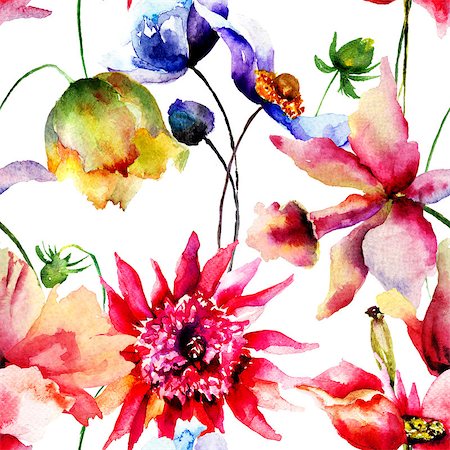 simsearch:400-07444676,k - Seamless pattern with Decorative summer flowers, watercolor illustration Photographie de stock - Aubaine LD & Abonnement, Code: 400-07951643