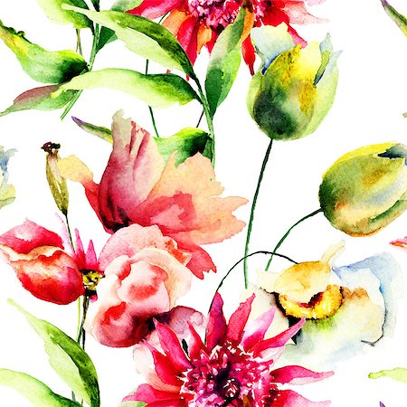 peony art - Seamless wallpaper with Colorful flowers, watercolor illustration Stock Photo - Budget Royalty-Free & Subscription, Code: 400-07951673
