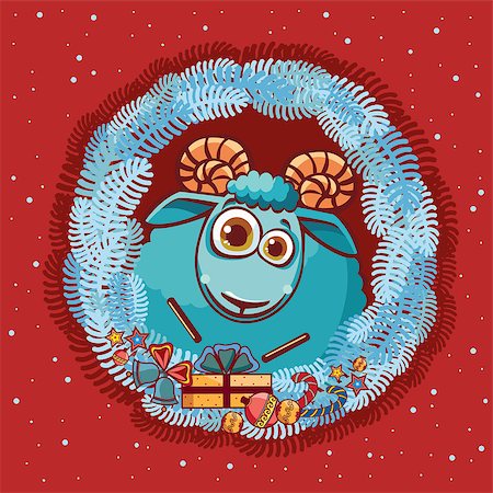 simsearch:400-08302769,k - Funny cartoon happy ram and blue frame on a red background. Christmas card. Photographie de stock - Aubaine LD & Abonnement, Code: 400-07952197