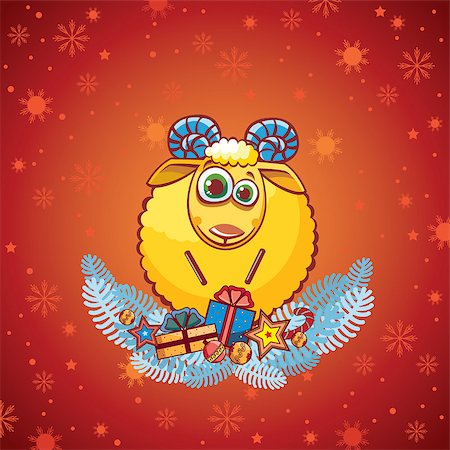 simsearch:400-08302769,k - Cartoon funny yellow ram in a red christmas background. Photographie de stock - Aubaine LD & Abonnement, Code: 400-07952198