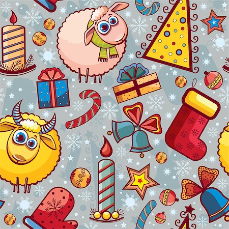 simsearch:400-08302769,k - Christmas seamless pattern with yellow ram and pink sheep. New year vector background. Photographie de stock - Aubaine LD & Abonnement, Code: 400-07952217