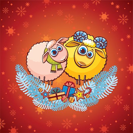 simsearch:400-08302769,k - Cartoon christmas animals - funny pink sheep and yellow ram on a red background. Photographie de stock - Aubaine LD & Abonnement, Code: 400-07952226