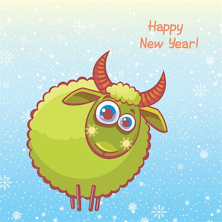 simsearch:400-07245107,k - Funny green sheep with big eyes on a blue background. Vector card of new year. Photographie de stock - Aubaine LD & Abonnement, Code: 400-07952228