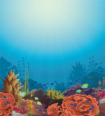 Coral reef with underwater creatures on a blue sea. Stock Photo - Budget Royalty-Free & Subscription, Code: 400-07952230