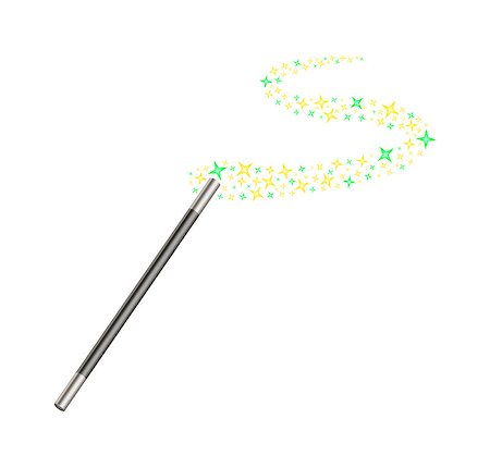 Magic wand in black and silver design with stream of golden and green stars on white background Stock Photo - Budget Royalty-Free & Subscription, Code: 400-07952673