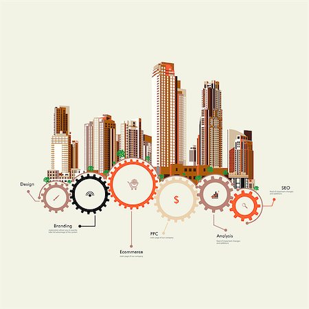 Set of vector skyscrapers with diverse architecture facades. Skyscrapers stand on the gears. Infographics. Foto de stock - Super Valor sin royalties y Suscripción, Código: 400-07953107
